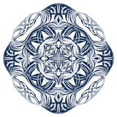 A symmetrical indigo mandala with geometric floral patterns arranged in a circular formation. The design features interlocking shapes and soft brushstroke textures, creating a sense of harmony, balanc