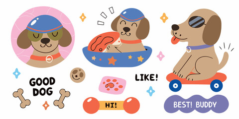 Cute cartoon dogs with accessories and playful phrases