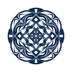 A symmetrical indigo mandala with geometric floral patterns arranged in a circular formation. The design features interlocking shapes and soft brushstroke textures, creating a sense of harmony, balanc