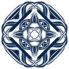 A symmetrical indigo mandala with geometric floral patterns arranged in a circular formation. The design features interlocking shapes and soft brushstroke textures, creating a sense of harmony, balanc