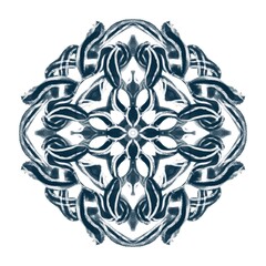 a symmetrical indigo mandala with an intricate floral and geometric pattern