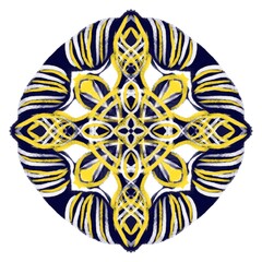 a circular mandala design in deep navy blue, bright yellow, and white.