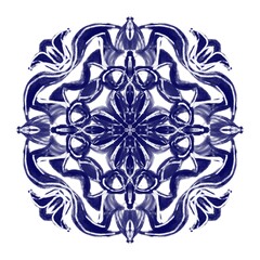a symmetrical indigo mandala with an intricate floral and geometric pattern