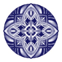 a symmetrical indigo mandala with an intricate floral and geometric pattern