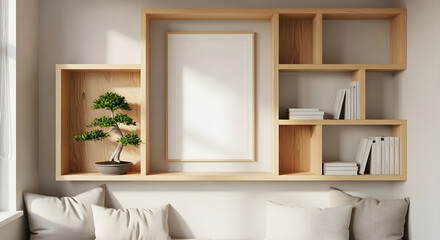 Interior with empty frame and bonsai tree