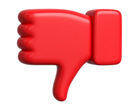 3D Red Thumbs Down Icon, Front View, Isolated on Transparent Background