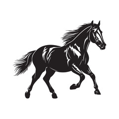 Running horse silhouette, Running horse vector illustration, Silhouette of a horse running black vector art illustration, Solid black vector silhouette of a horse in motion.