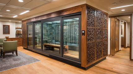Luxurious wine cellar with intricate woodwork and glass doors