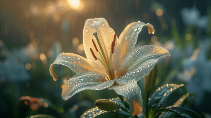 A close-up of a dew-kissed lily