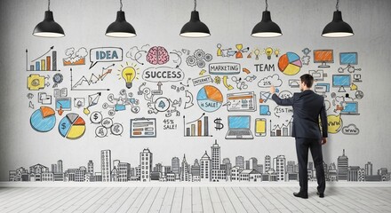 Dynamic strategy session showing business growth, marketing, and team success with modern city skyline backdrop and financial sales data