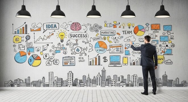 Dynamic strategy session showing business growth, marketing, and team success with modern city skyline backdrop and financial sales data