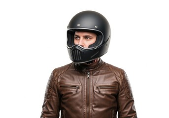 Man in leather jacket and motorcycle helmet isolated on white background