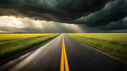 Empty Highway Leading into a Dramatic Stormy Sky