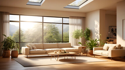 Fototapeta premium Spacious and Bright Living Room Interior with Large Windows