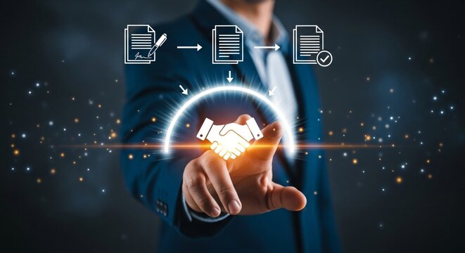 Seal the deal with a handshake after digital document workflow for streamlined business agreements and partnerships in modern companies