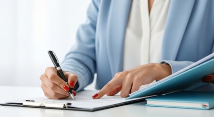 Fototapeta premium Elegant businesswoman reviewing contract terms with professional precision at her desk for success and growth opportunities today