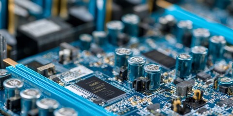 Close-Up View of a Complex Circuit Board with Capacitors, Resistors, and Microchips Showing the Intricate Details of Electronic Components