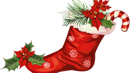 Christmas Stocking with Poinsettia and Candy Cane, isolated on transparent background