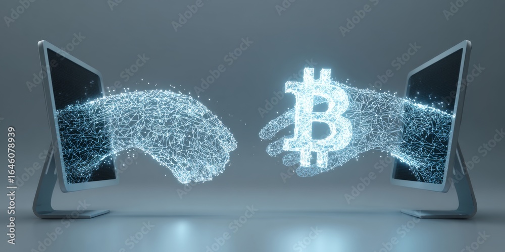Wall mural digital interaction between virtual hands exchanging bitcoin symbol with glowing lines, representing