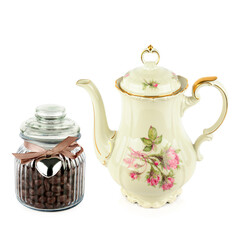 Elegant vintage porcelain coffee pot isolated on white background.