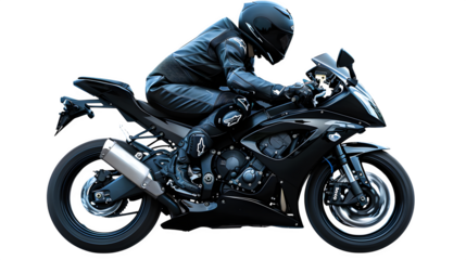 Black Motorcycle with Rider, isolated on transparent background