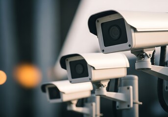 Multiple security cameras mounted outdoors monitoring an area