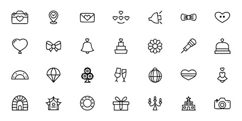 Modern Wedding & Reception Line Art Vector Icons — Invitations, Dining, Music, Dance, Photography & Celebration Symbols for Event Planners and Wedding Branding

