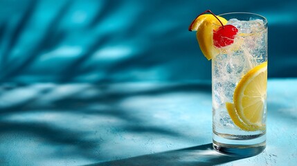 Refreshing cocktail with lemon & cherry garnish, on blue table with palm shadow, for summer advertisement