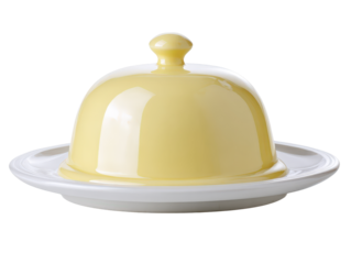 Pale yellow ceramic butter dish with a glossy dome lid and round white base.