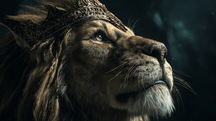 Regal lion wearing crown gazing upwards with dark misty background, ideal for fantasy
