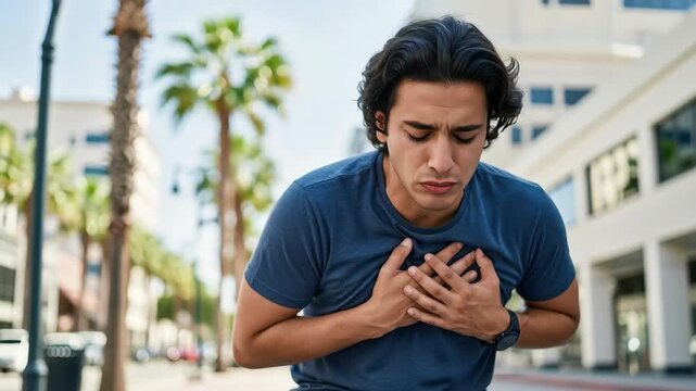 Young man suffering from a heart attack or severe chest pain outdoors in the city, 4k