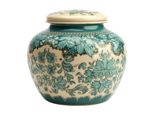 Elegant ceramic urn with a lid featuring an embossed teal floral pattern with delicate gold accents on a cream-colored base.