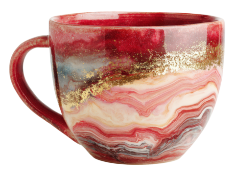 Elegant ceramic mug with a red pink and white marbled design accented with a band of textured gold leaf.