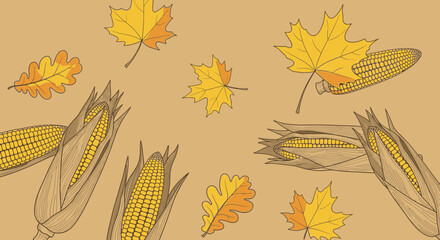 Fototapeta premium Autumnal Harvest: Corn and Maple Leaves in a Hand-Drawn Botanical Pattern Illustration