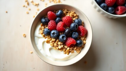 Overhead view of creamy yogurt topped with golden granola and assorted fresh berries in a ceramic bowl, styled on a light wooden table