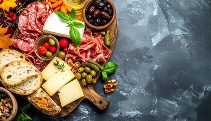 Gourmet appetizer board with various cheeses, meats, and fruits