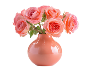 A beautiful bouquet of fresh pink and peach roses with green leaves in a glossy crackled ceramic vase.