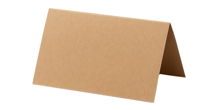 Blank brown tabletop tent card in upright position for design and text, isolated on transparent background. Kraft place card with copy space for guests at celebration - Powered by Adobe