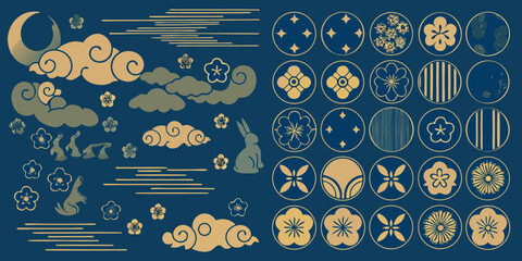 Japanese inspired design elements with moon clouds and floral motifs