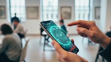 Businessman using a smartphone with a futuristic UI for data analysis in a modern office, 4k - Powered by Adobe