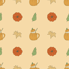 Seamless pattern with pumpkins, leaves and mug