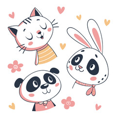 Adorable Animal Trio  Kitty, Bunny, and Panda Concept Art with Hearts and Blossoms