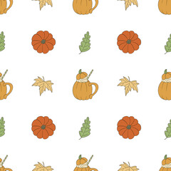 Seamless pattern with pumpkins, leaves and mug