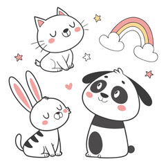 Charming collection of adorable cartoon animal illustrations, featuring a cute cat, peaceful panda, sweet bunny, and friendly dog, ideal for playful themes.