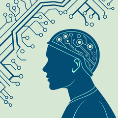 Vector illustration of a female engineer working on a computer against a backdrop of electronic circuits and data pathways.