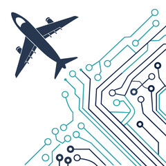 Exploring digital frontiers A young professional immersed in laptop use, set against a backdrop of dynamic circuit board elements, illustrating technological innovation and connected future.