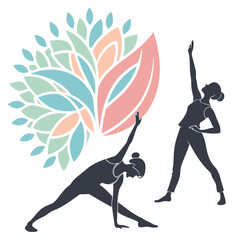 Two women in silhouette performing yoga asanas like Trikonasana, with an abstract floral design element illustration