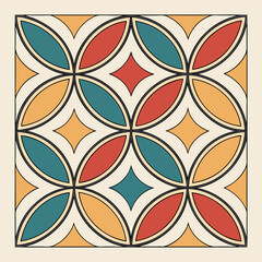Geometric Pattern Featuring Interlocking Circles and Diamonds in a Retro Color Palette of Teal, Orange, and Yellow