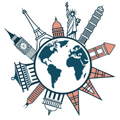 A captivating illustration of global exploration, featuring iconic international landmarks orbiting a stylized Earth, symbolizing the boundless opportunities for world travel and adventure.