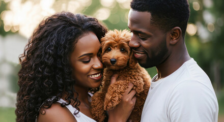 A young African American couple, a man and a woman, meet a new family member, a little red-haired poodle